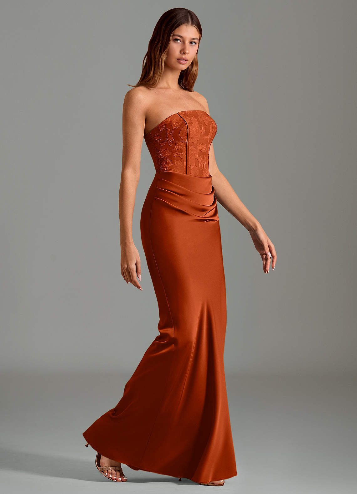 Emilia Mermaid Strapless Stretch Satin and Floral Burnout Bridesmaid Dress in Paprika