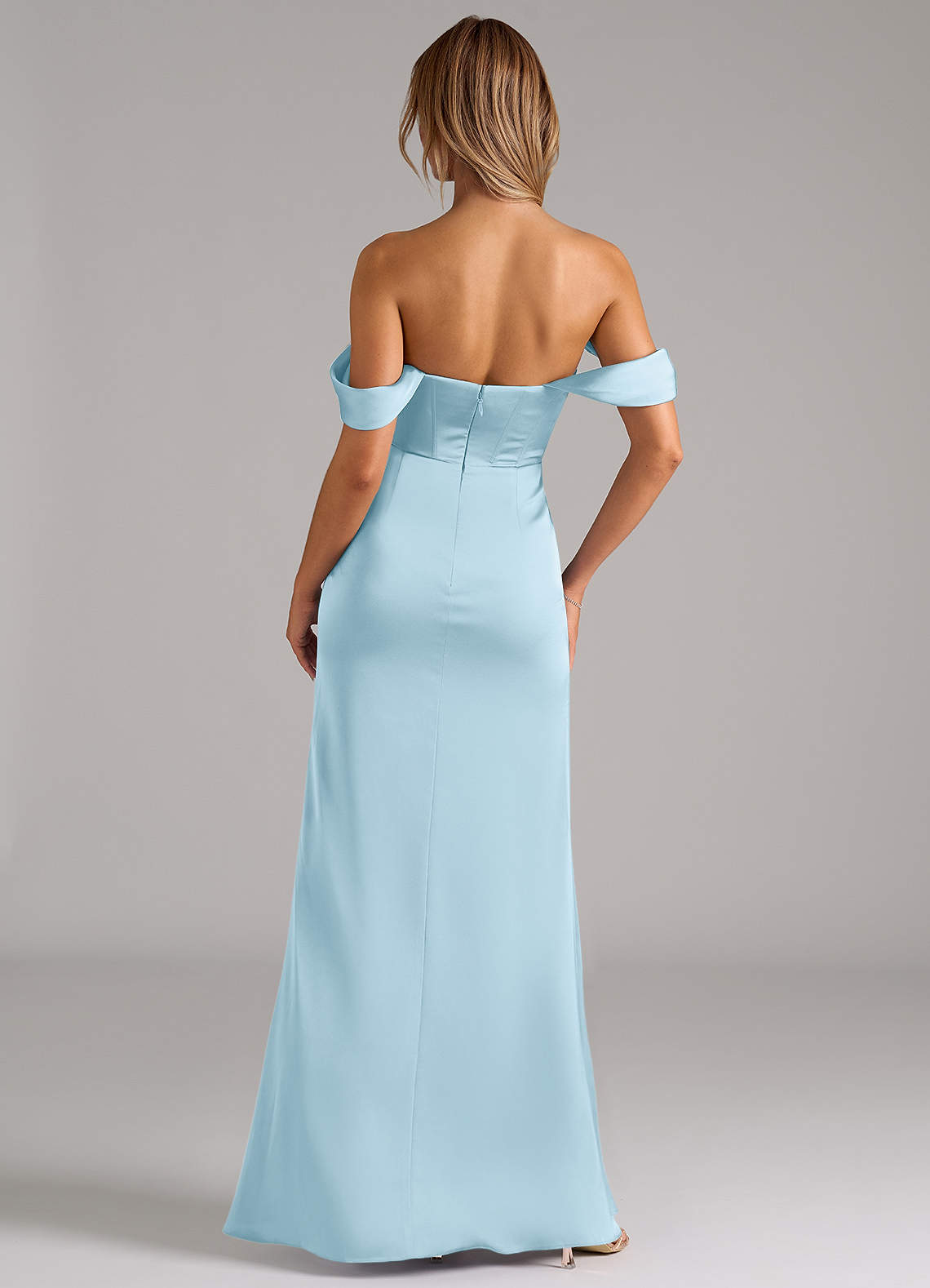 Johana Mermaid Off-the-Shoulder Stretch Satin Bridesmaid Dress in Sky Blue