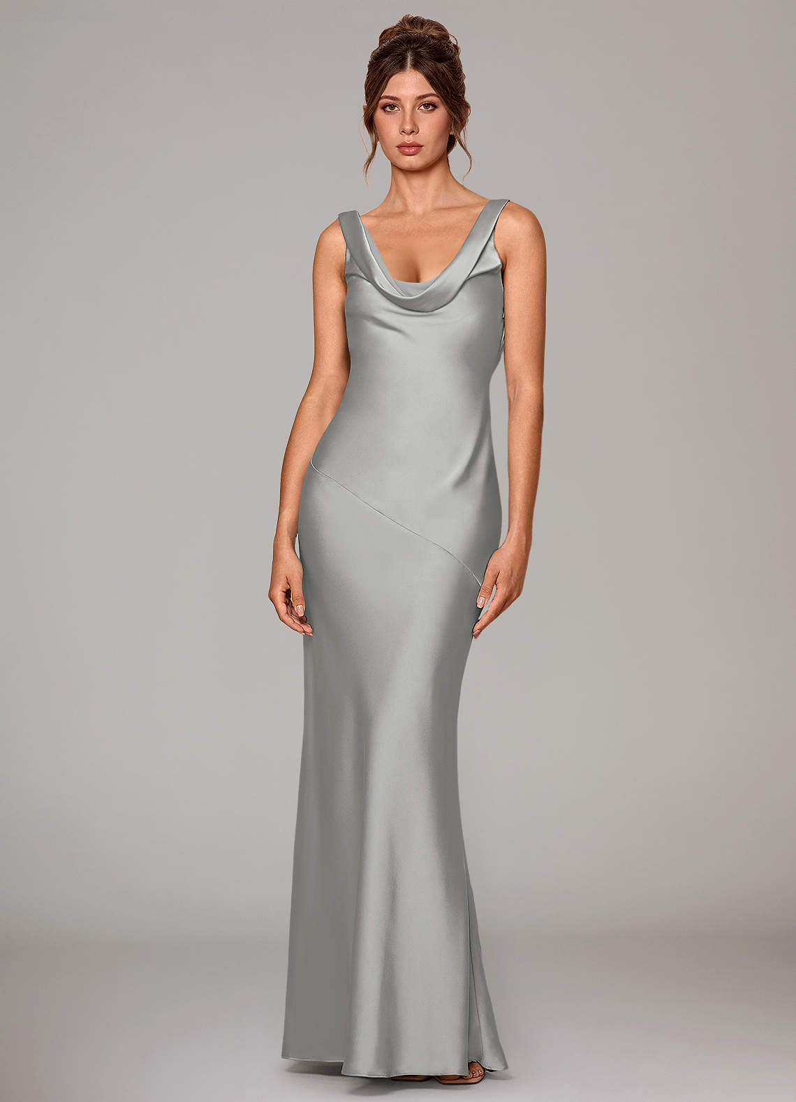 Rylina Mermaid Cowl-Neck Stretch Satin Bridesmaid Dress in Silver