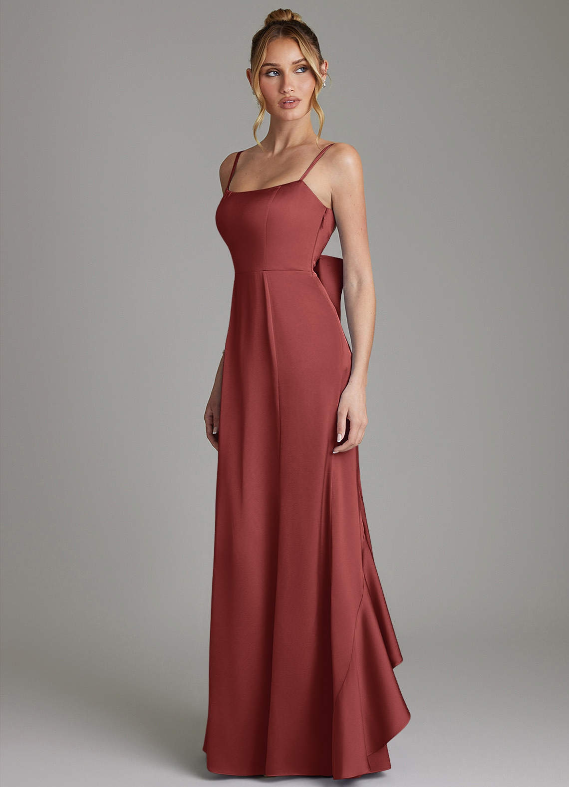 Zherra Mermaid Scoop-Neck Stretch Satin Bridesmaid Dress in Terracotta