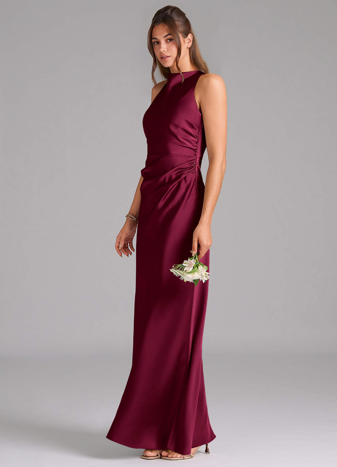 Evadne Sheath Scoop-Neck Stretch Satin Bridesmaid Dress in Burgundy