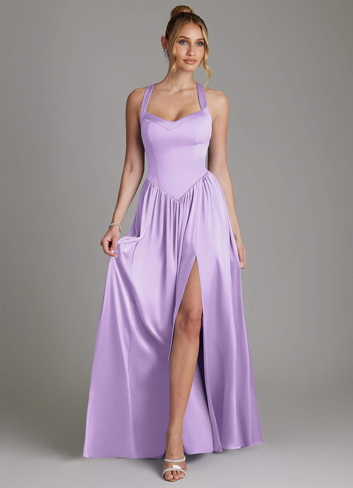 Francis A-Line V-Neck Stretch Satin Bridesmaid Dress in Lilac