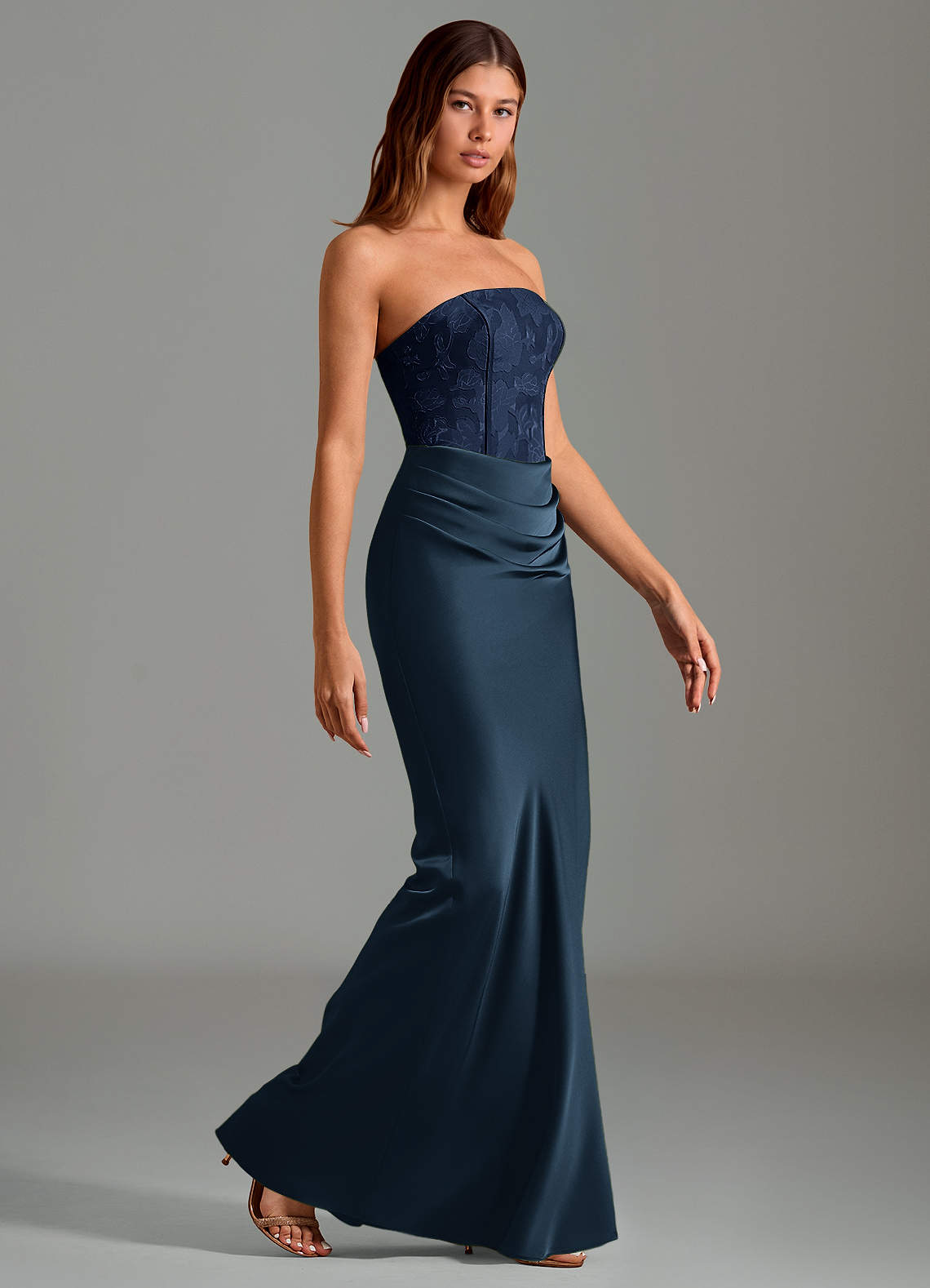 Emilia Mermaid Strapless Stretch Satin and Floral Burnout Bridesmaid Dress in Dark Navy