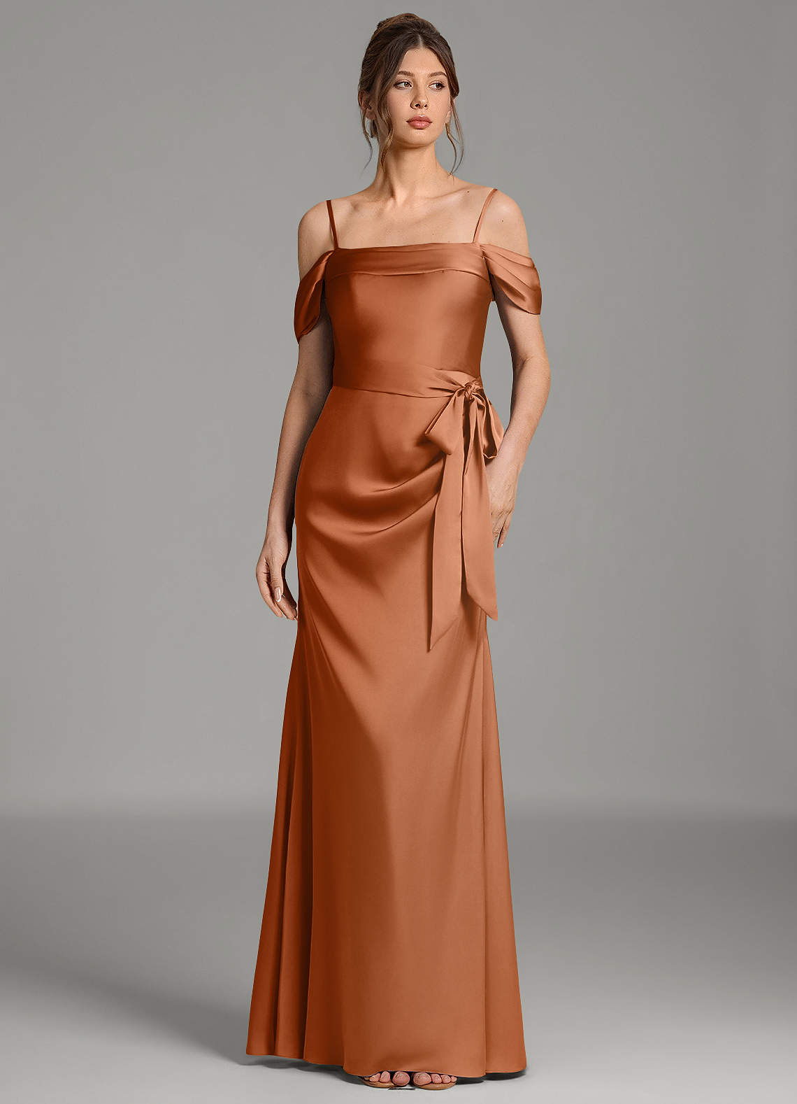 Wyatt Mermaid Off-the-Shoulder Stretch Satin Bridesmaid Dress in Copper
