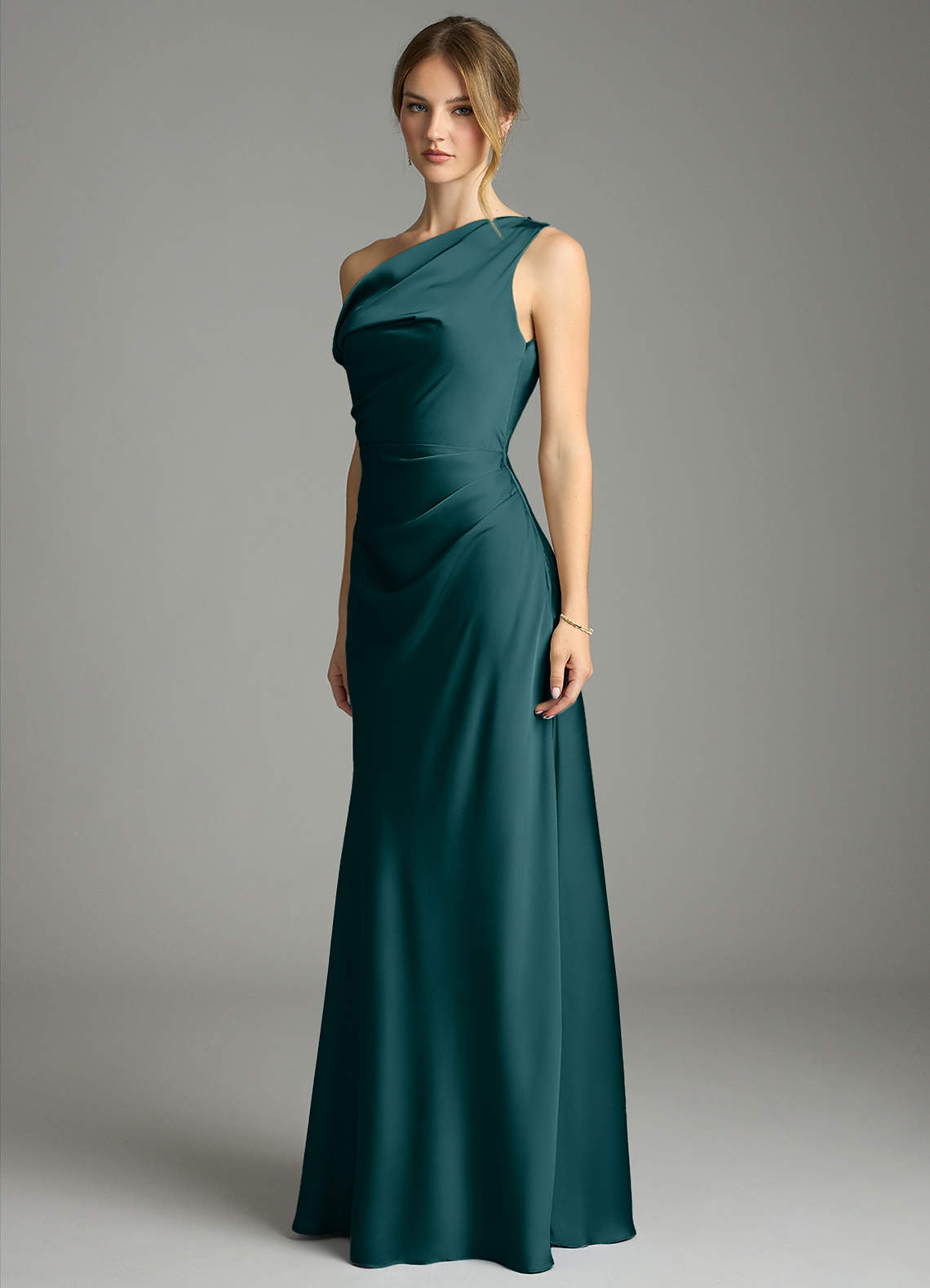 Emerson Mermaid One-Shoulder Stretch Satin Bridesmaid Dress in Pine