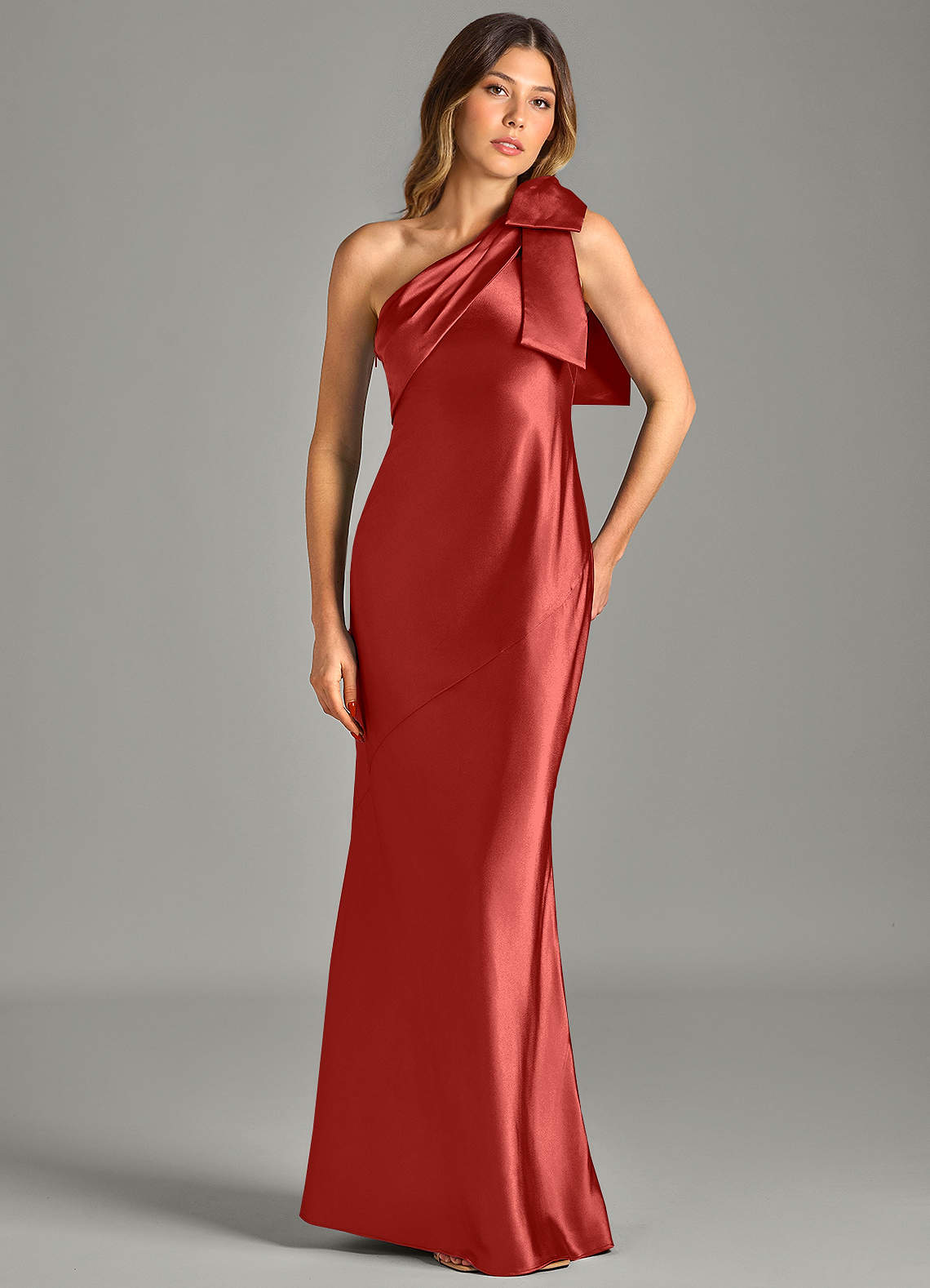 Yuanna Mermaid One-Shoulder Metallic Satin Bridesmaid Dress in Rust