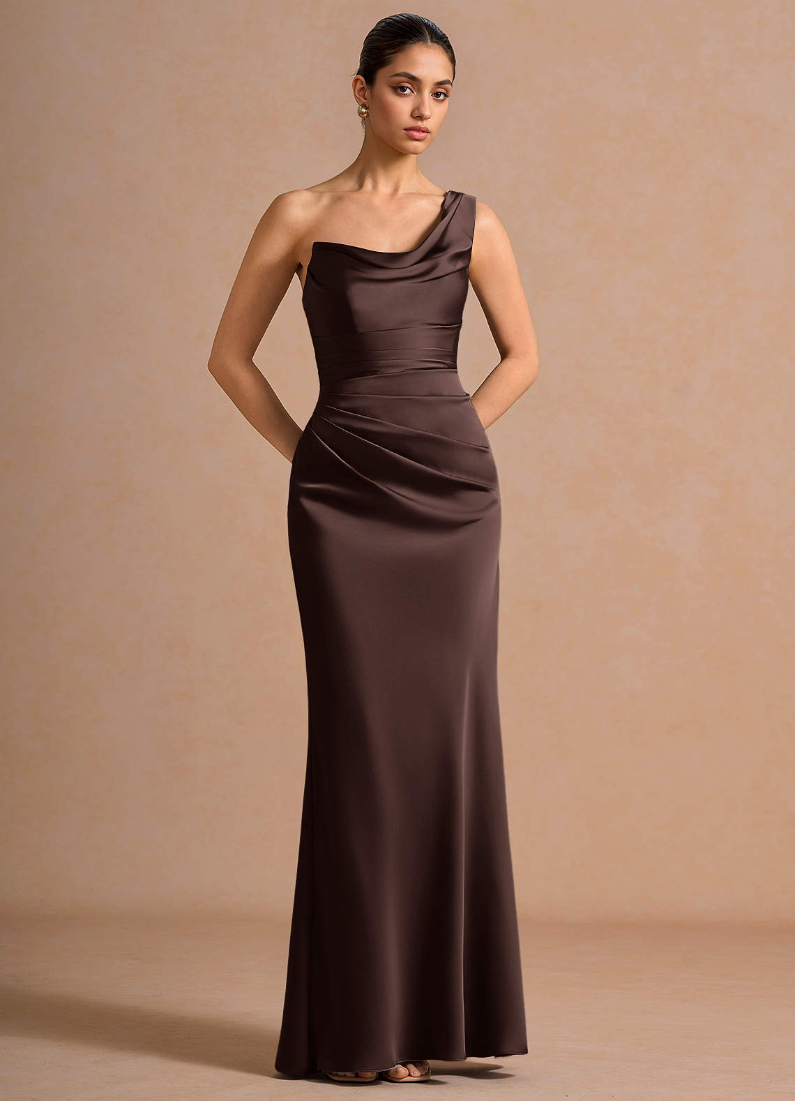 Cassiopeia One-Shoulder Draped Stretch Satin Evening Dress in Truffle