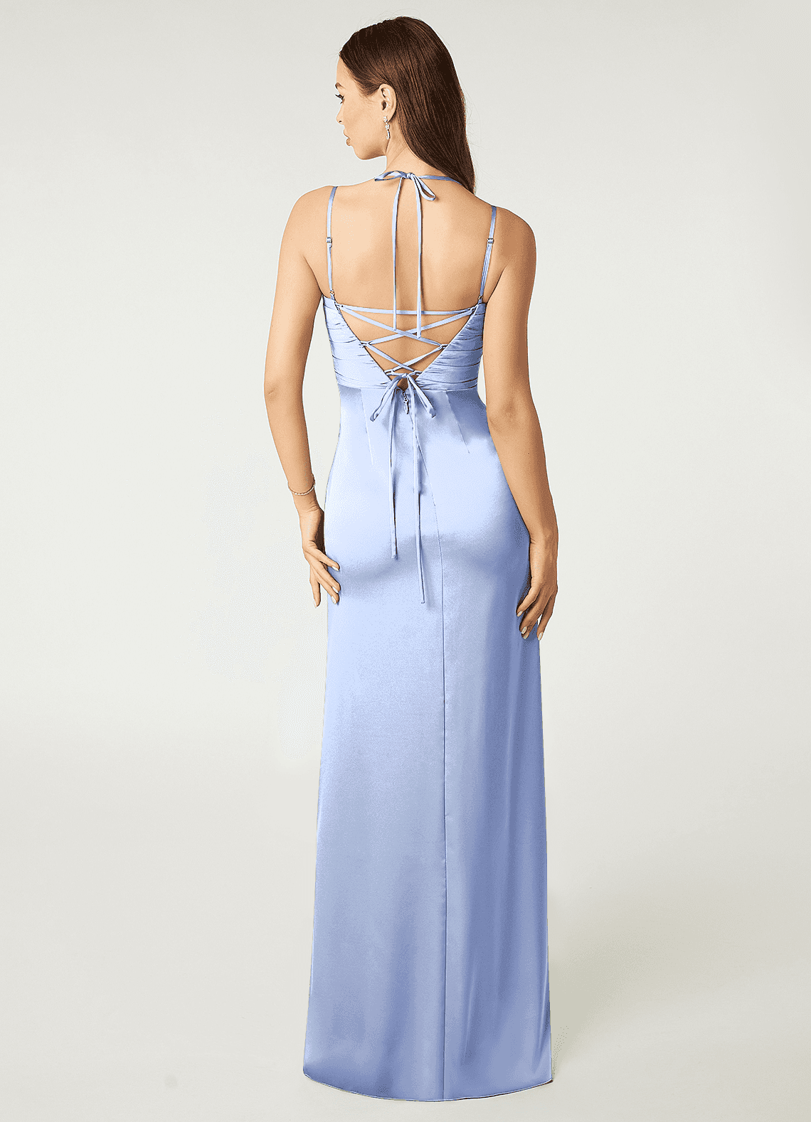 Desi Sheath Halter Stretch Satin Bridesmaid Dress in Ice
