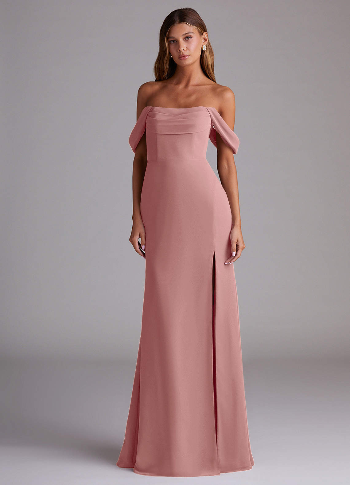 Saige A-Line Off-the-Shoulder Chiffon Bridesmaid Dress in dusty rose