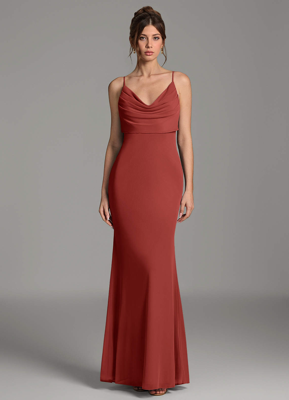 Zari Mermaid Cowl-Neck Mesh Bridesmaid Dress in Terracotta