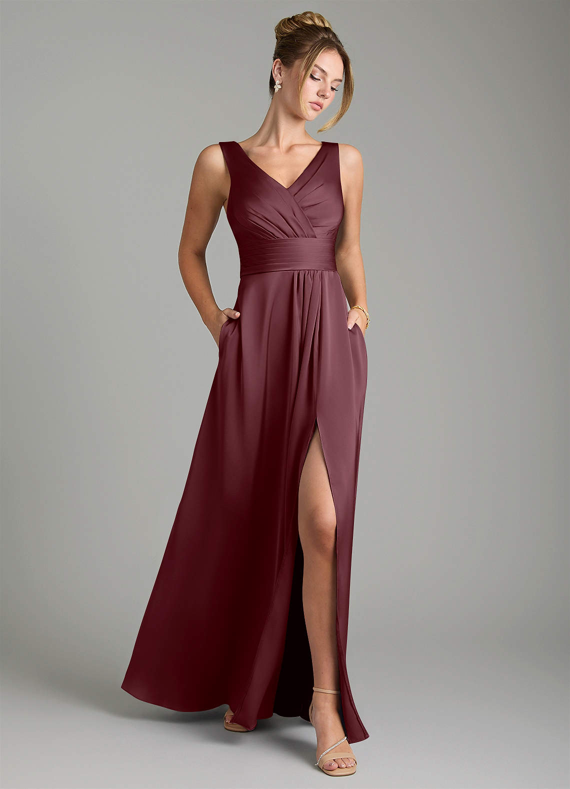 Karina A-Line V-Neck Stretch Satin Bridesmaid Dress in Sangria