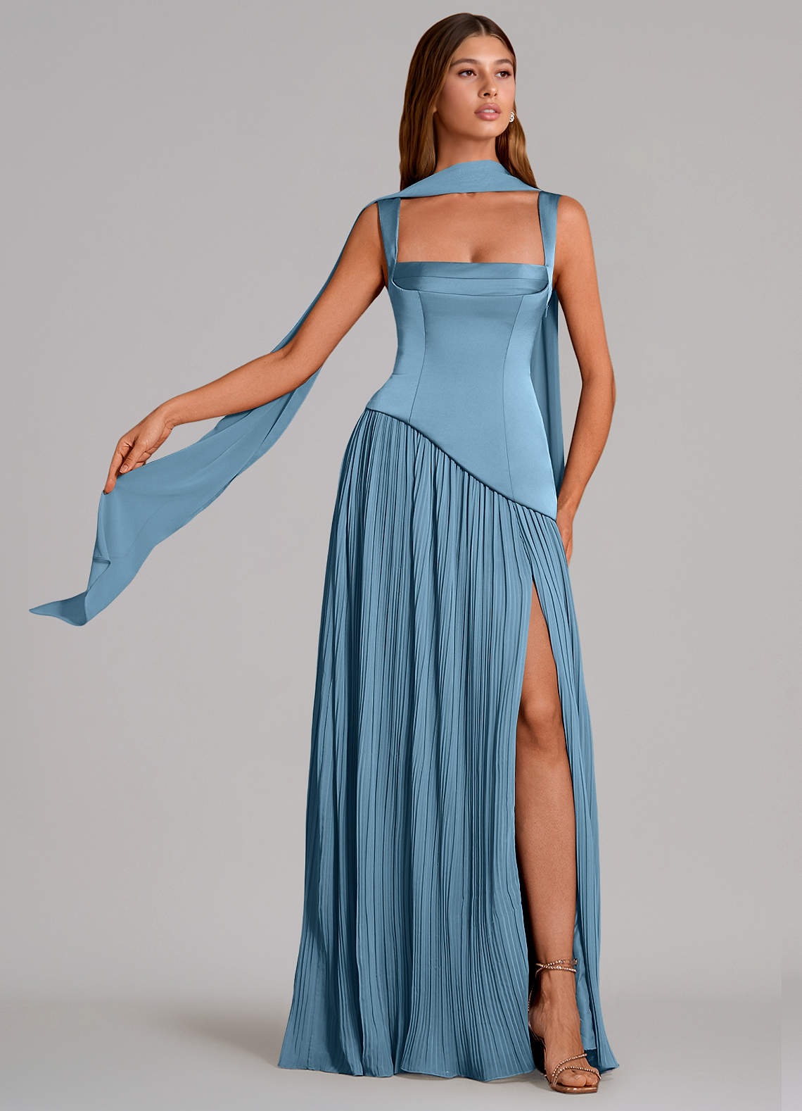 Stephanie A-Line Square-Neck Stretch Satin and Chiffon Bridesmaid Dress in Steel Blue