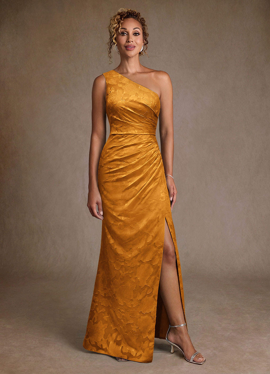 Joylin Trumpet One-Shoulder Floral Burnout Mother of the Bride Dress in butterscotch