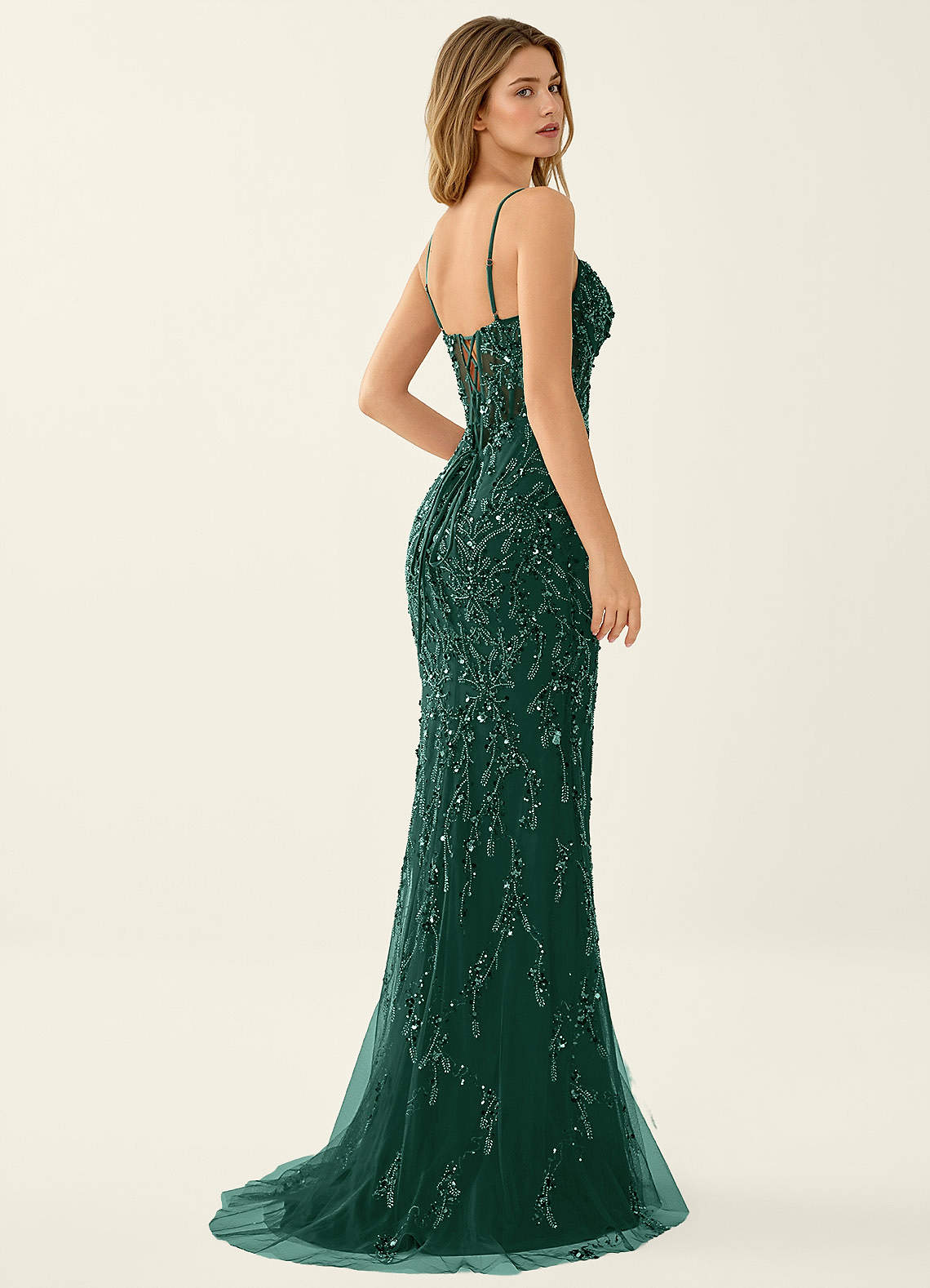 Zivah Mermaid V-Neck Beaded Stretch Mesh Evening Dress in Dark Green