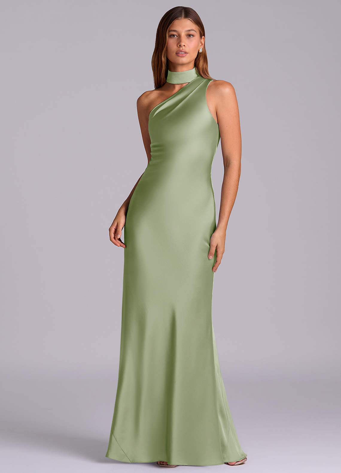 Seona Mermaid One-Shoulder Stretch Satin and Tulle Bridesmaid Dress in Dusty Sage