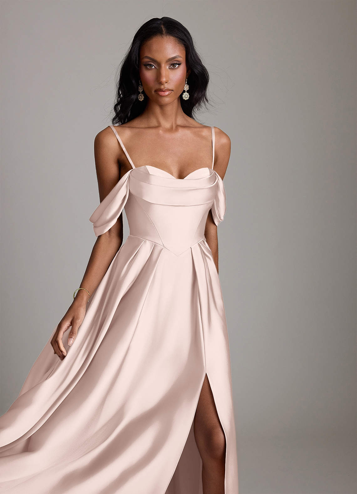 Loisa A-Line Off-the-Shoulder Stretch Satin Bridesmaid Dress in Blushing Pink