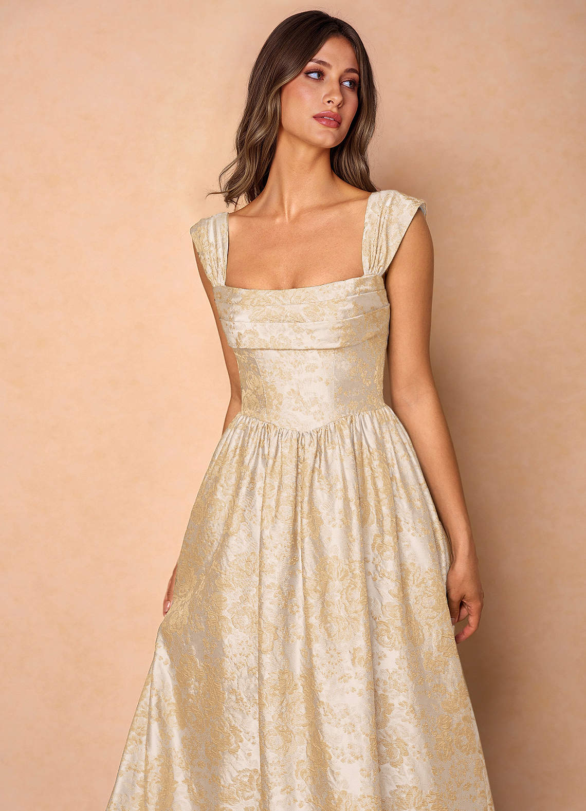 Runa Ball Gown Pleated Jacquard Taffeta Evening Dress in Vintage Champagne