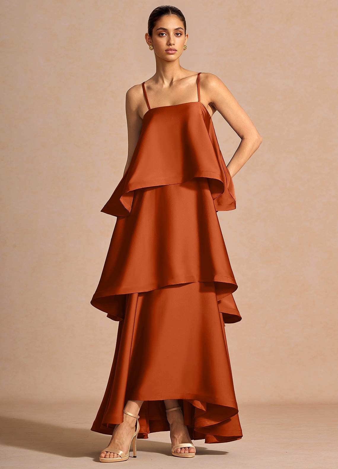 Itasca A-Line Tiered Stretch Satin Wedding Guest Dress in Rust
