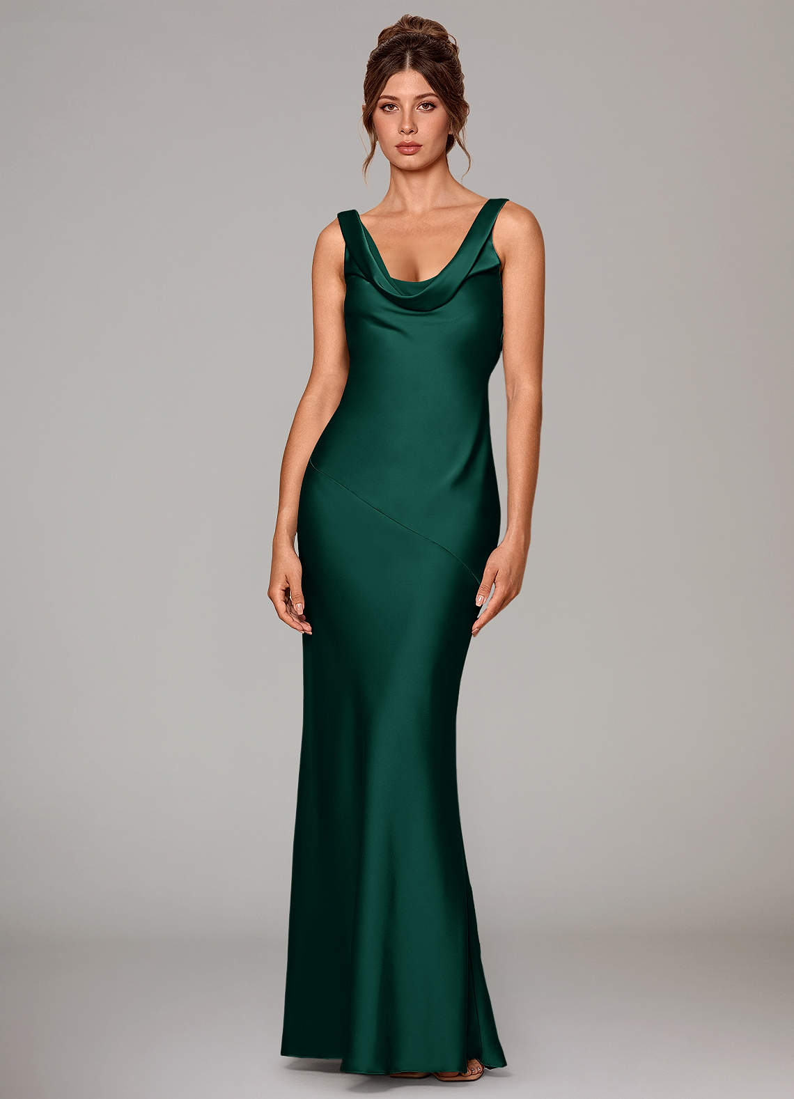 Rylina Mermaid Cowl-Neck Stretch Satin Bridesmaid Dress in Emerald