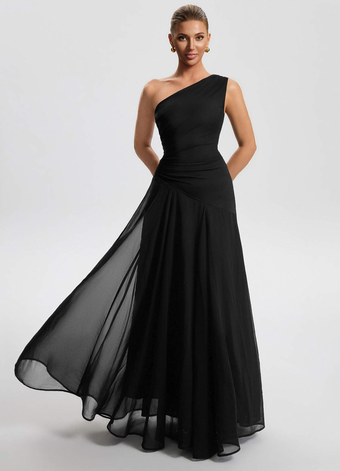 Sylvaine A-Line One-Shoulder Chiffon Wedding Guest Dress in black