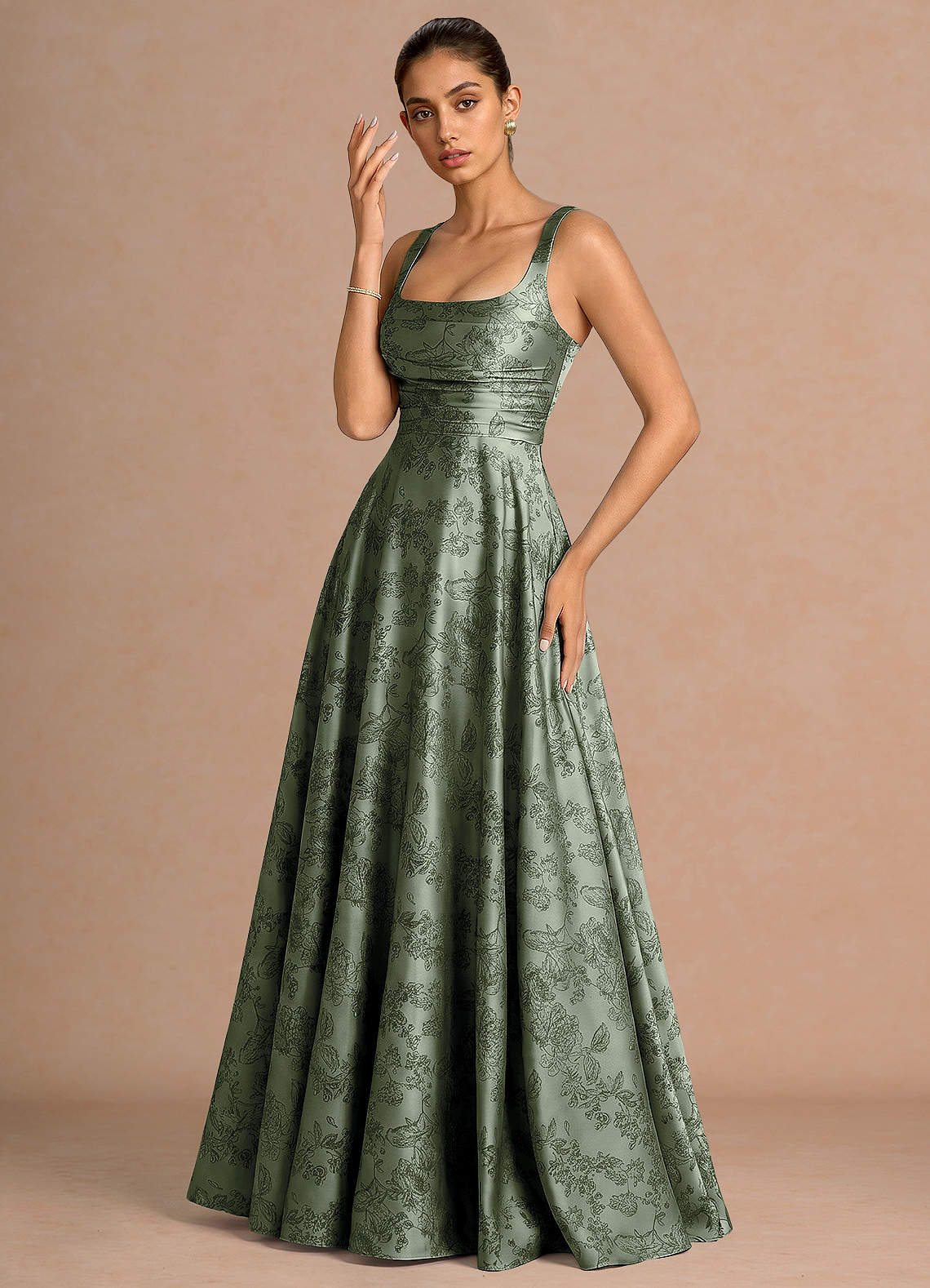Azaria A-Line Square-Neck Jacquard Evening Dress in Sage Blue
