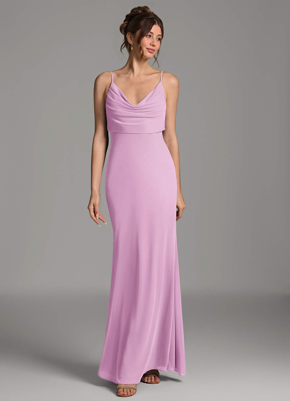 Zari Mermaid Cowl-Neck Mesh Bridesmaid Dress in candy pink