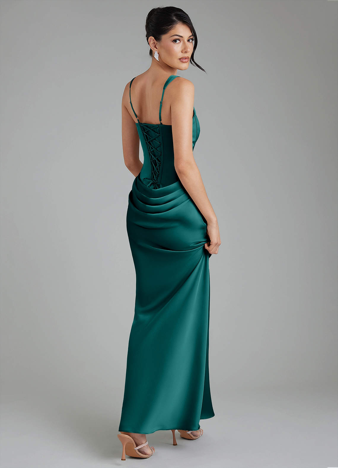 Etta Mermaid Square-Neck Stretch Satin Bridesmaid Dress in Peacock