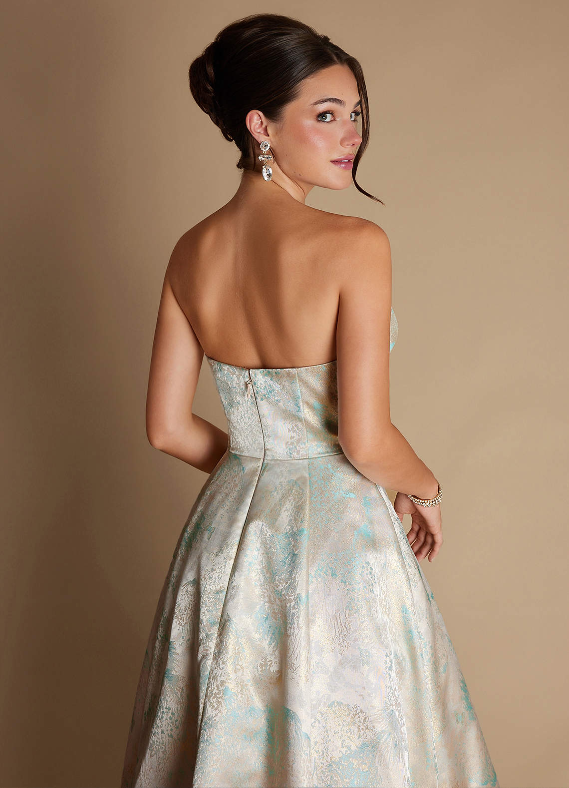 Alanis A-Line Strapless Brocade Evening Dress in Mint Pearl