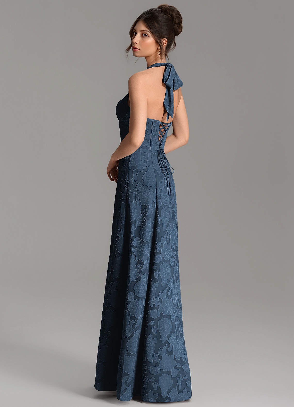 Nia A-Line V-Neck Floral Burnout Bridesmaid Dress in Dark Navy