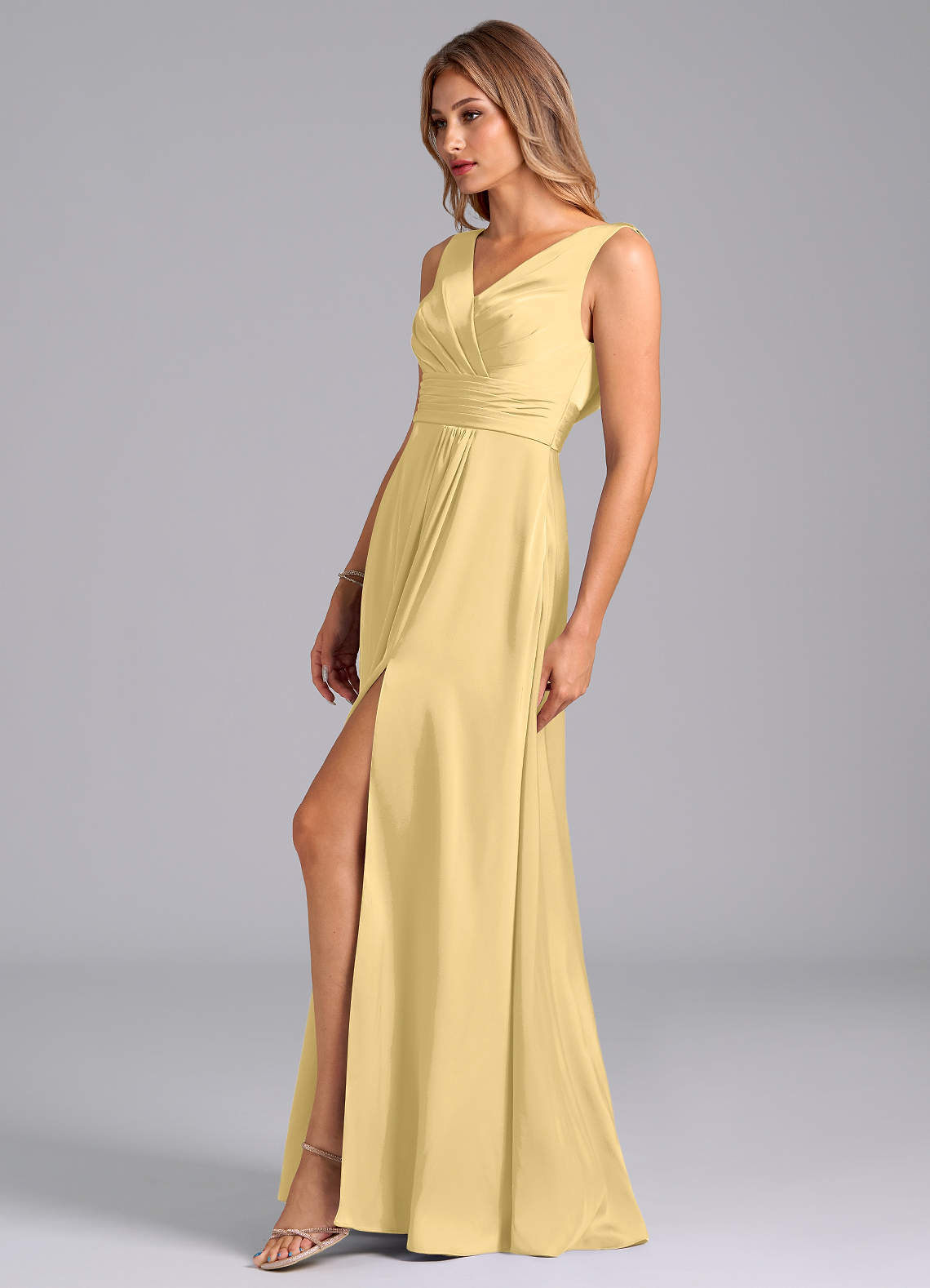 Karina A-Line V-Neck Stretch Satin Bridesmaid Dress in Butter