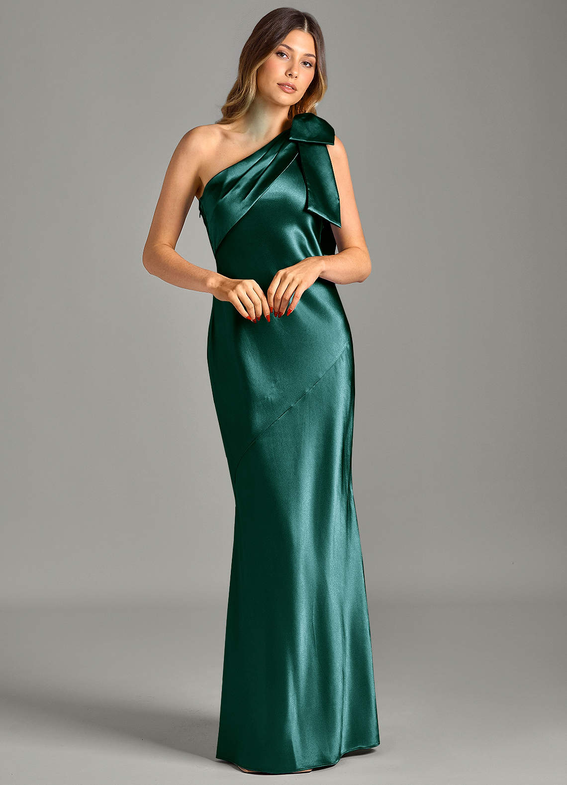 Yuanna Mermaid One-Shoulder Metallic Satin Bridesmaid Dress in Pine