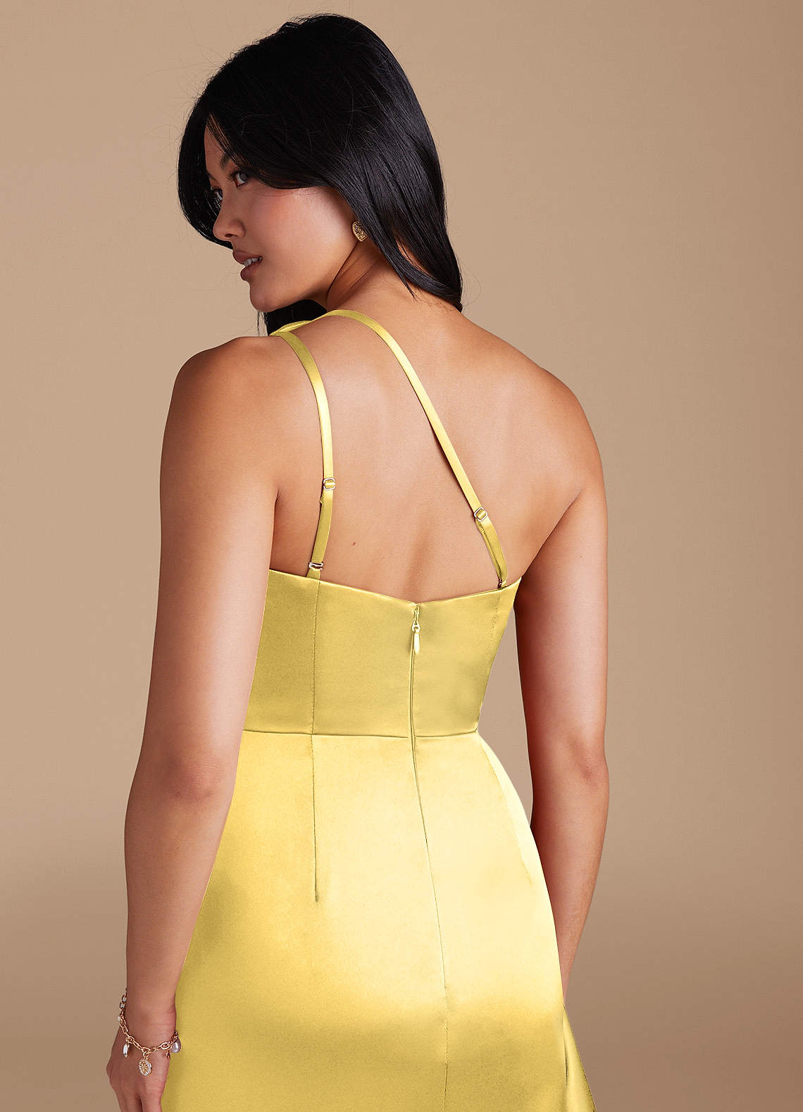 Latrice Sheath One-Shoulder Metallic Satin Bridesmaid Dress in Canary