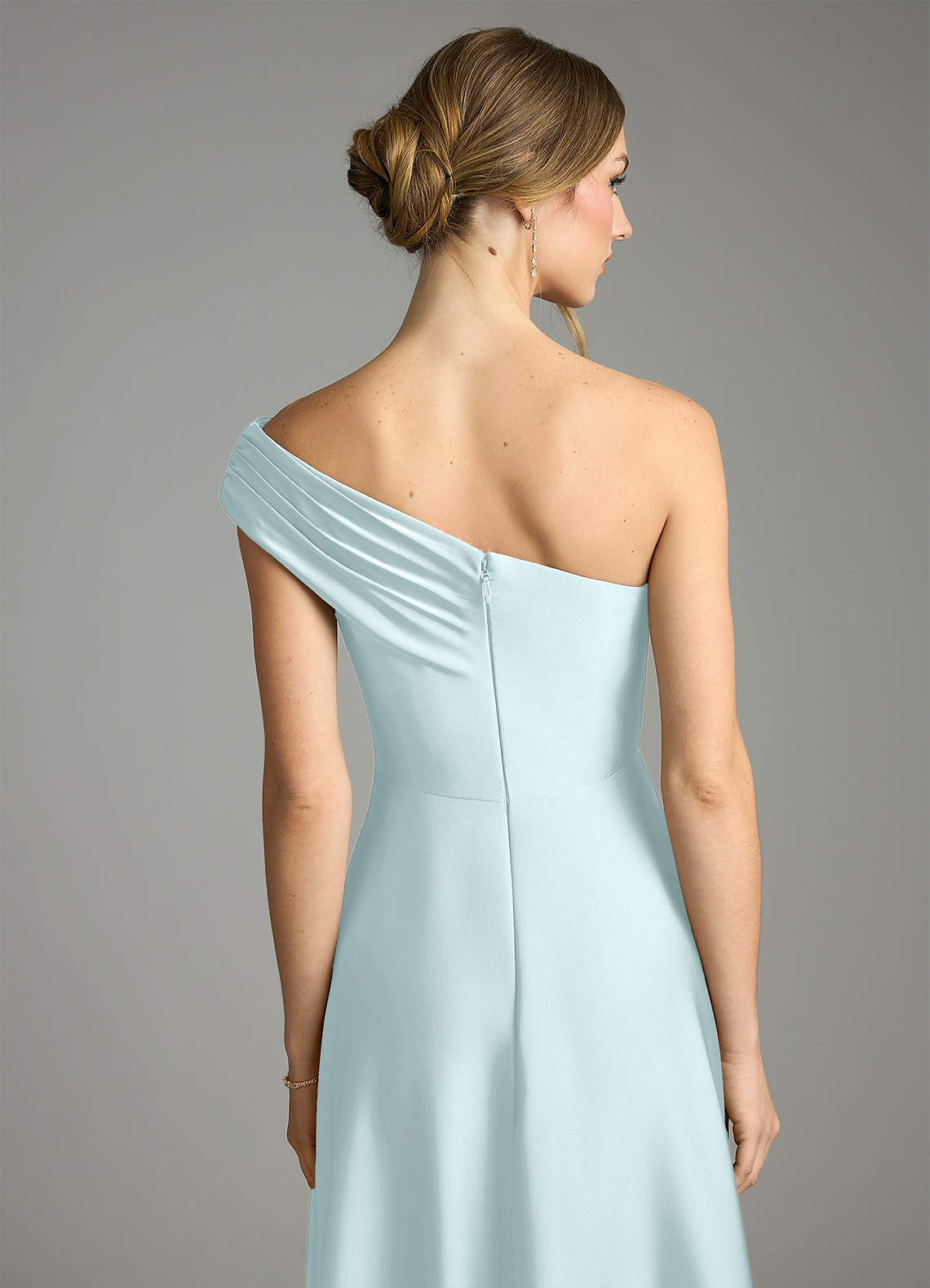 Melanie A-Line One-Shoulder Stretch Satin Bridesmaid Dress in Sea Glass