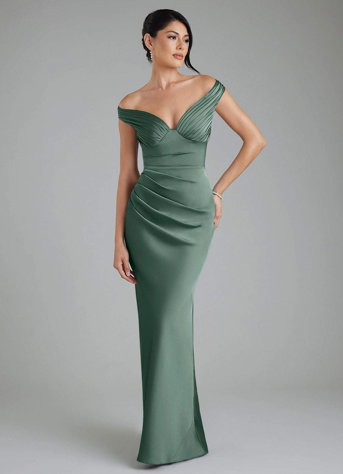 Stella Sheath V-Neck Stretch Satin Bridesmaid Dress in Eucalyptus