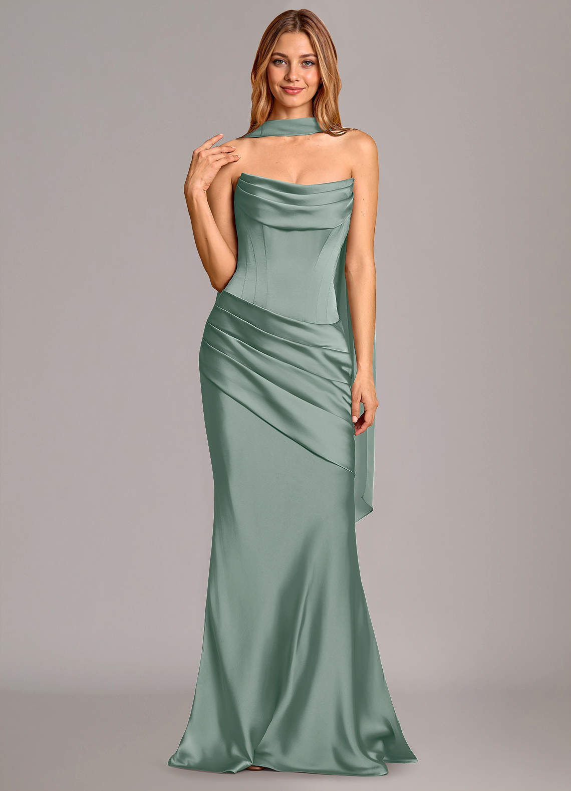 Pelagia Mermaid Cowl-Neck Stretch Satin Bridesmaid Dress in Silver Sage