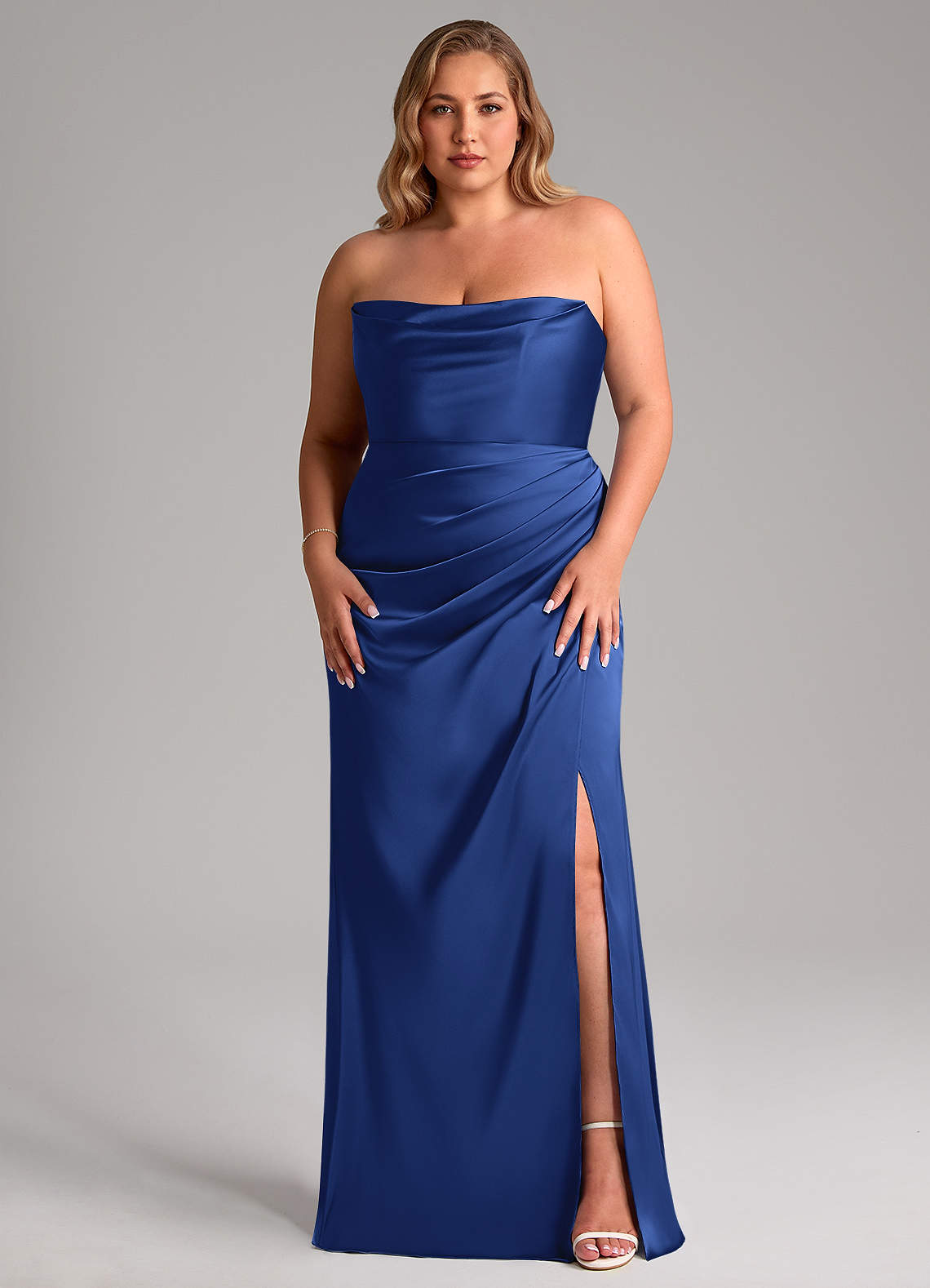 Leonis Mermaid Cowl-Neck Stretch Satin Bridesmaid Dress in Royal Blue