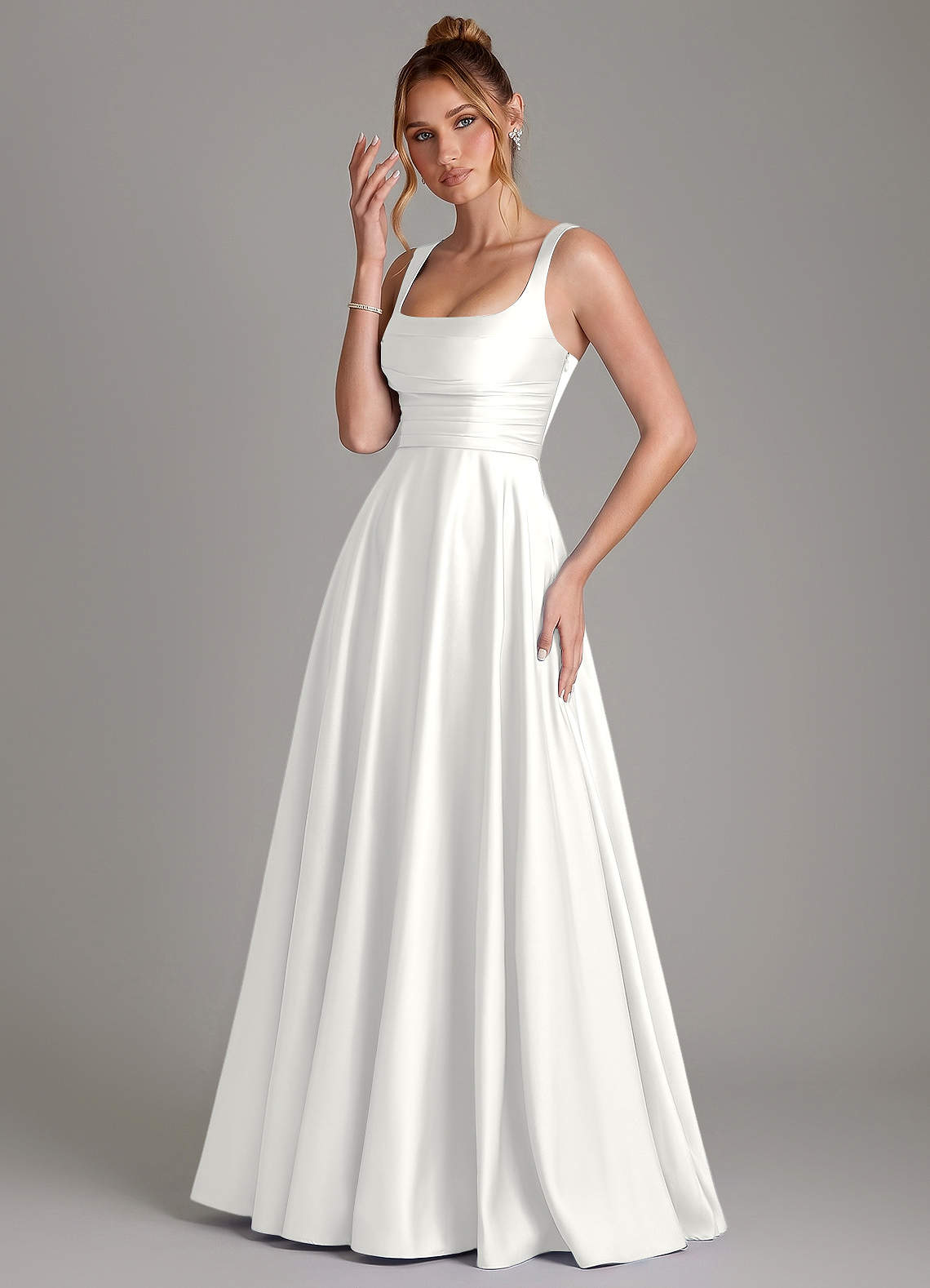Azaria A-Line Square-Neck Stretch Satin Bridesmaid Dress in white