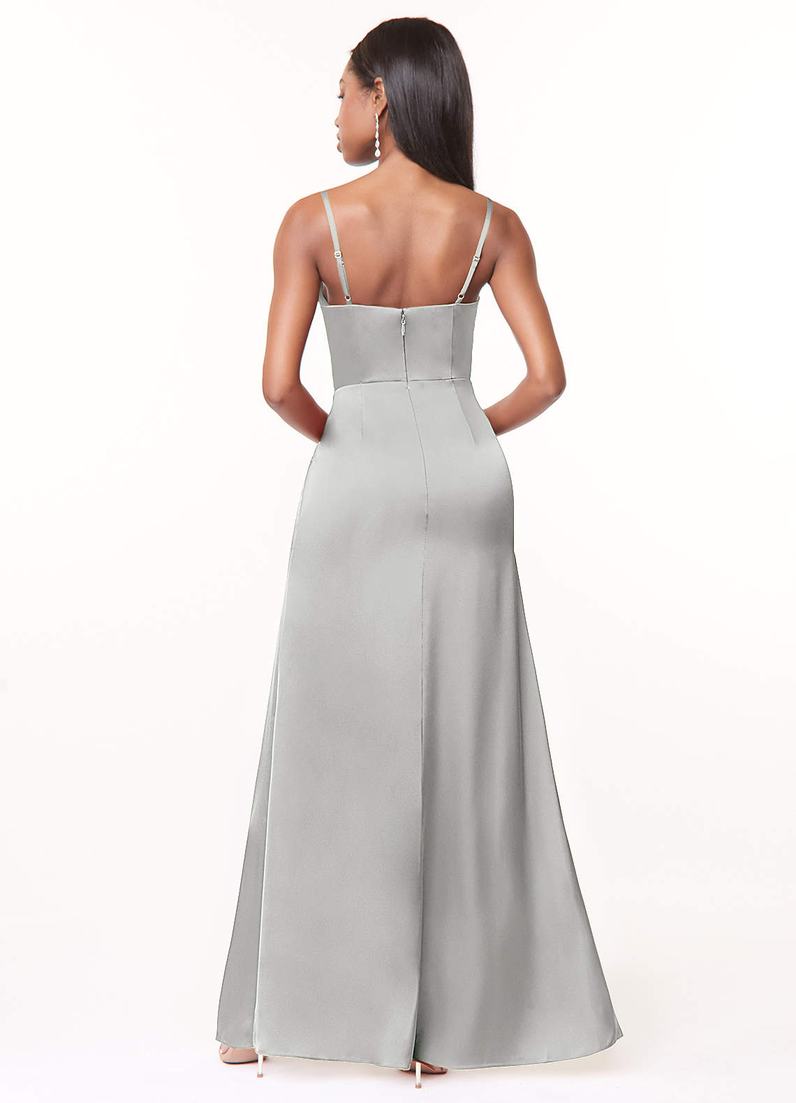 Maci A-Line V-Neck Stretch Satin Bridesmaid Dress in Silver