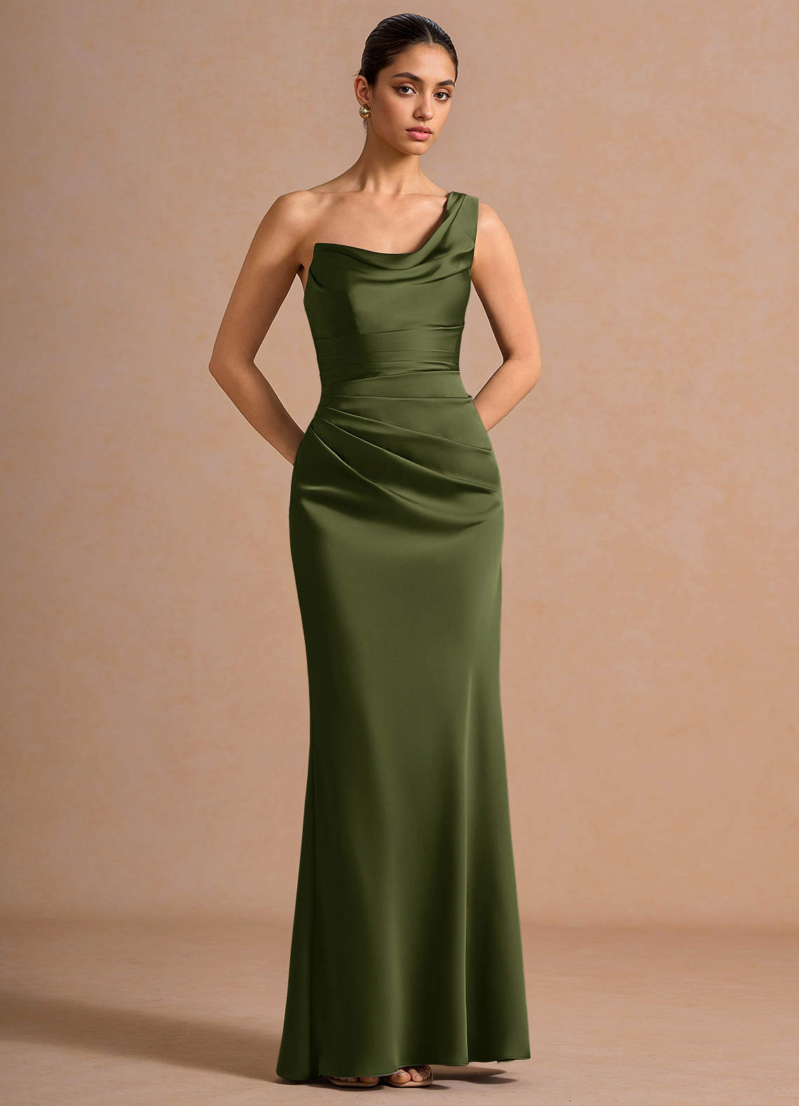 Cassiopeia One-Shoulder Draped Stretch Satin Evening Dress in Olive