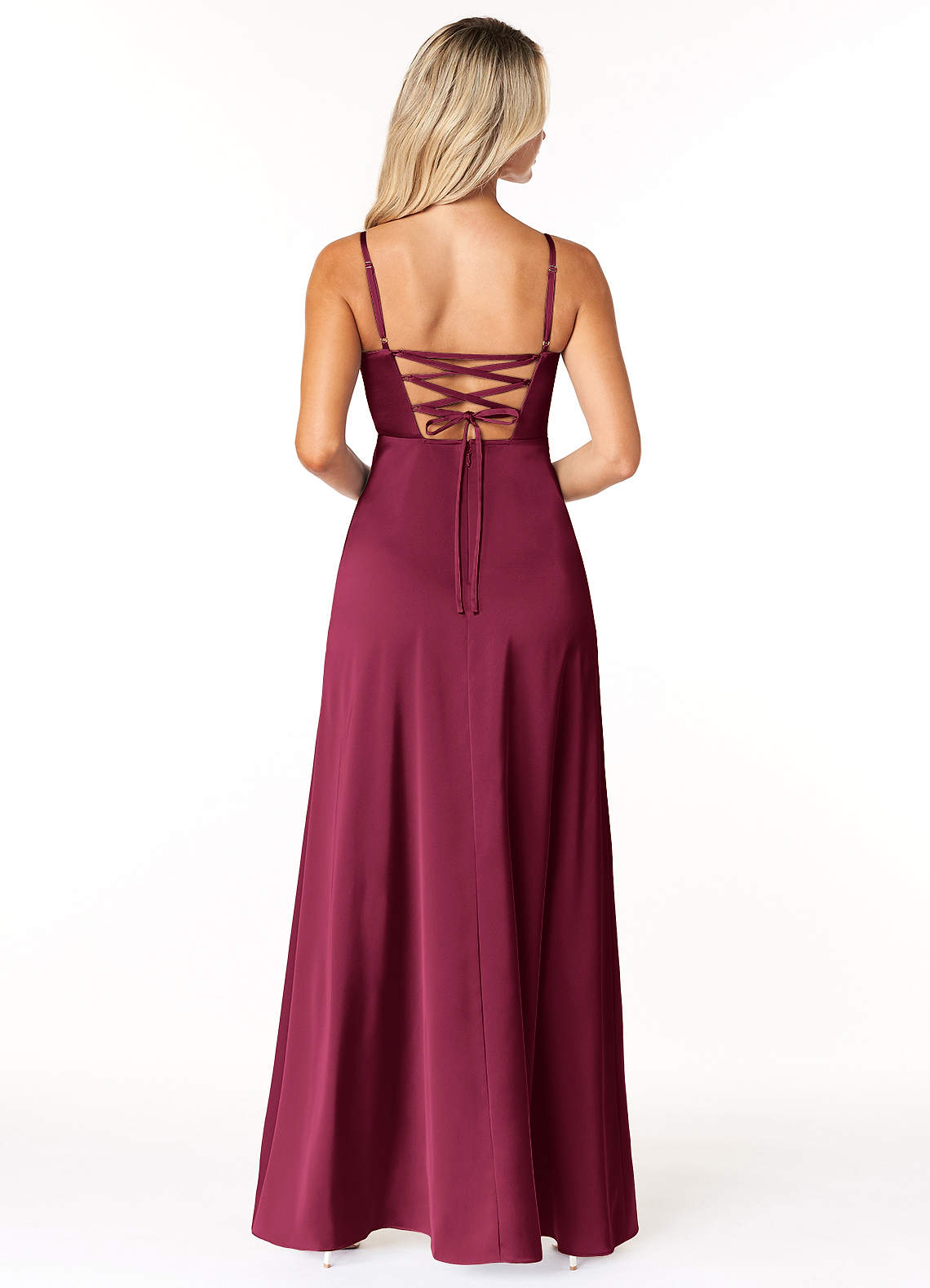 Marchella A-Line V-Neck Stretch Satin Bridesmaid Dress in Burgundy