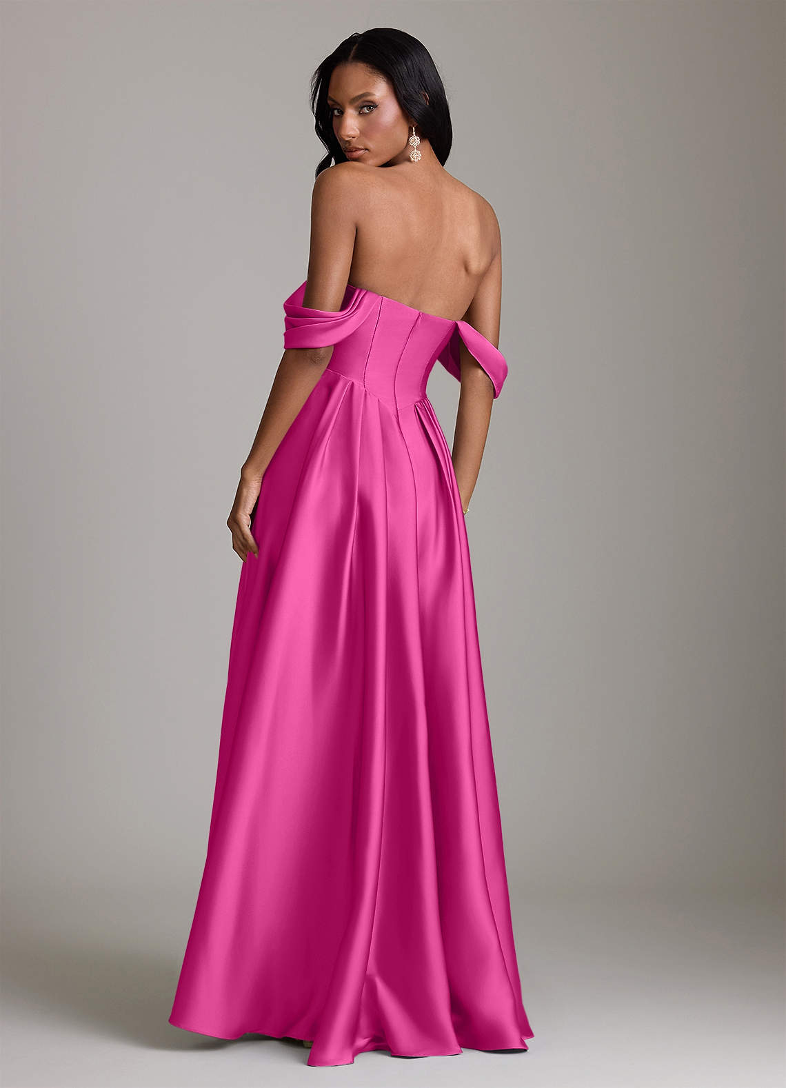 Loisa A-Line Off-the-Shoulder Stretch Satin Bridesmaid Dress in Fuchsia