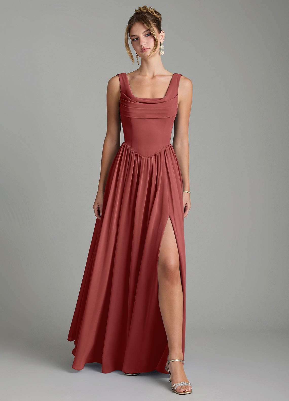 Novi A-Line Square-Neck Chiffon Bridesmaid Dress in Terracotta