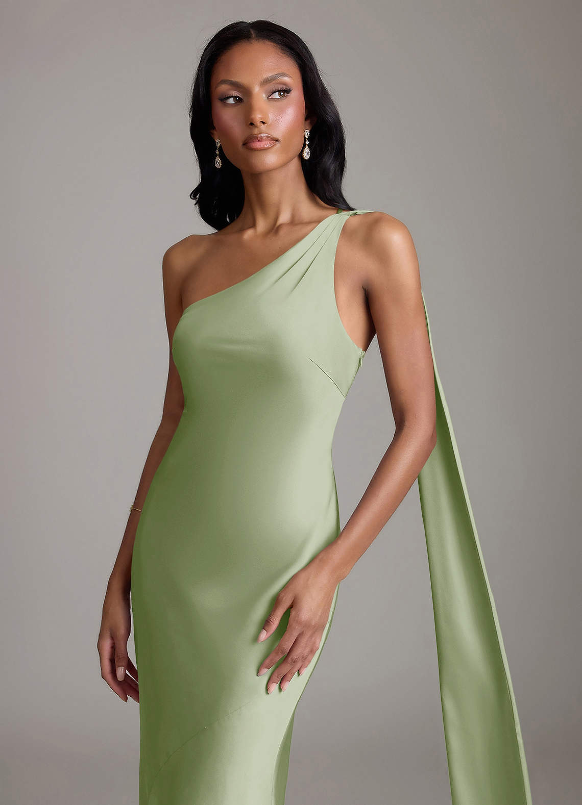 Juniper Mermaid One-Shoulder Stretch Satin Bridesmaid Dress in Dusty Sage