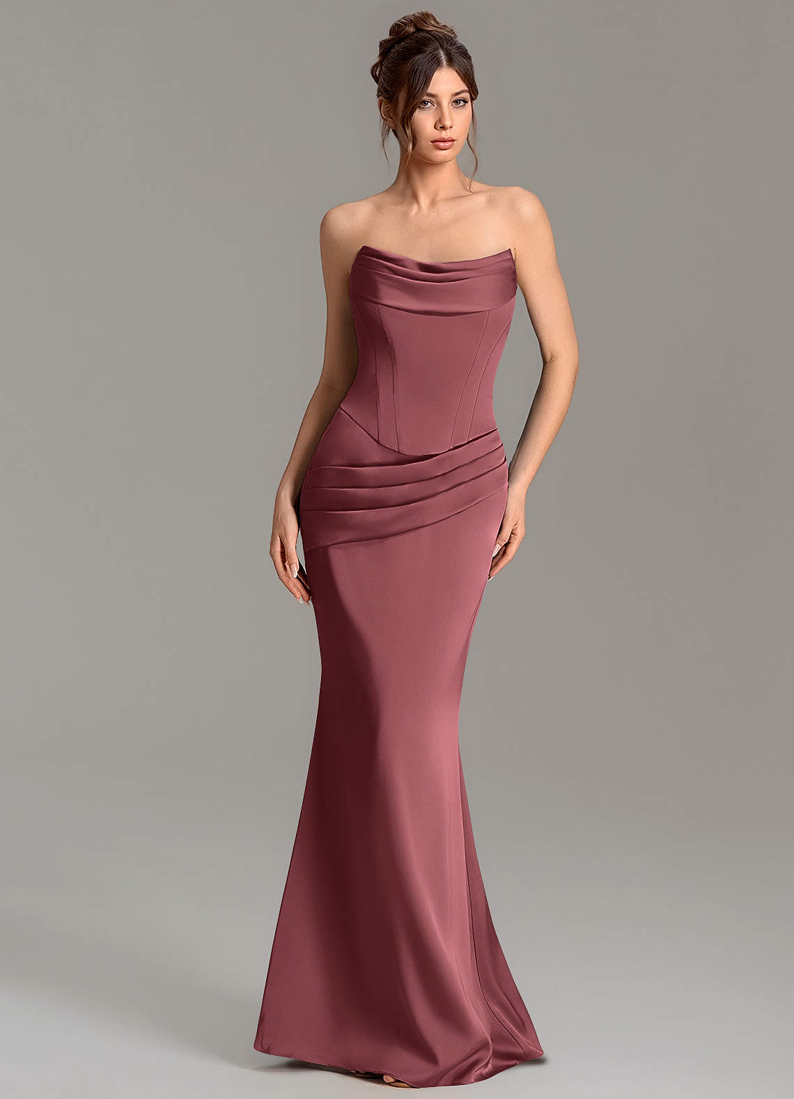 Adrienne Mermaid Cowl-Neck Stretch Satin Bridesmaid Dress in Merlot