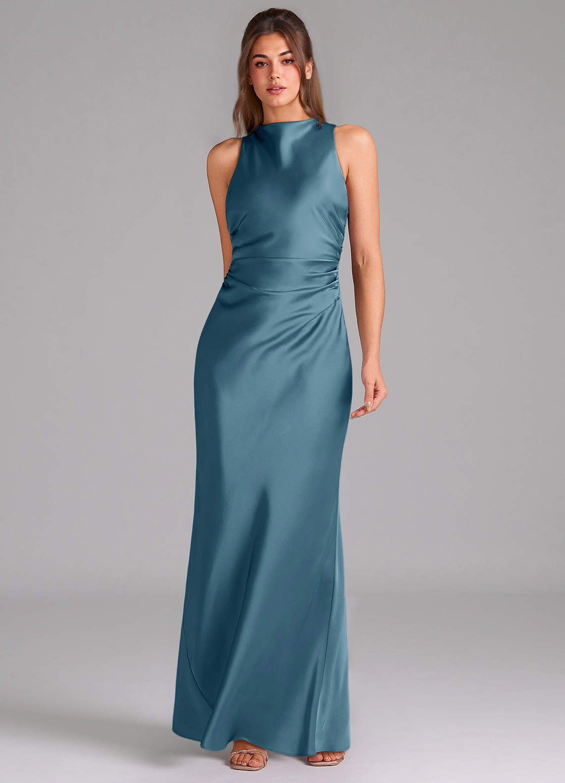Evadne Sheath Scoop-Neck Stretch Satin Bridesmaid Dress in Bermuda