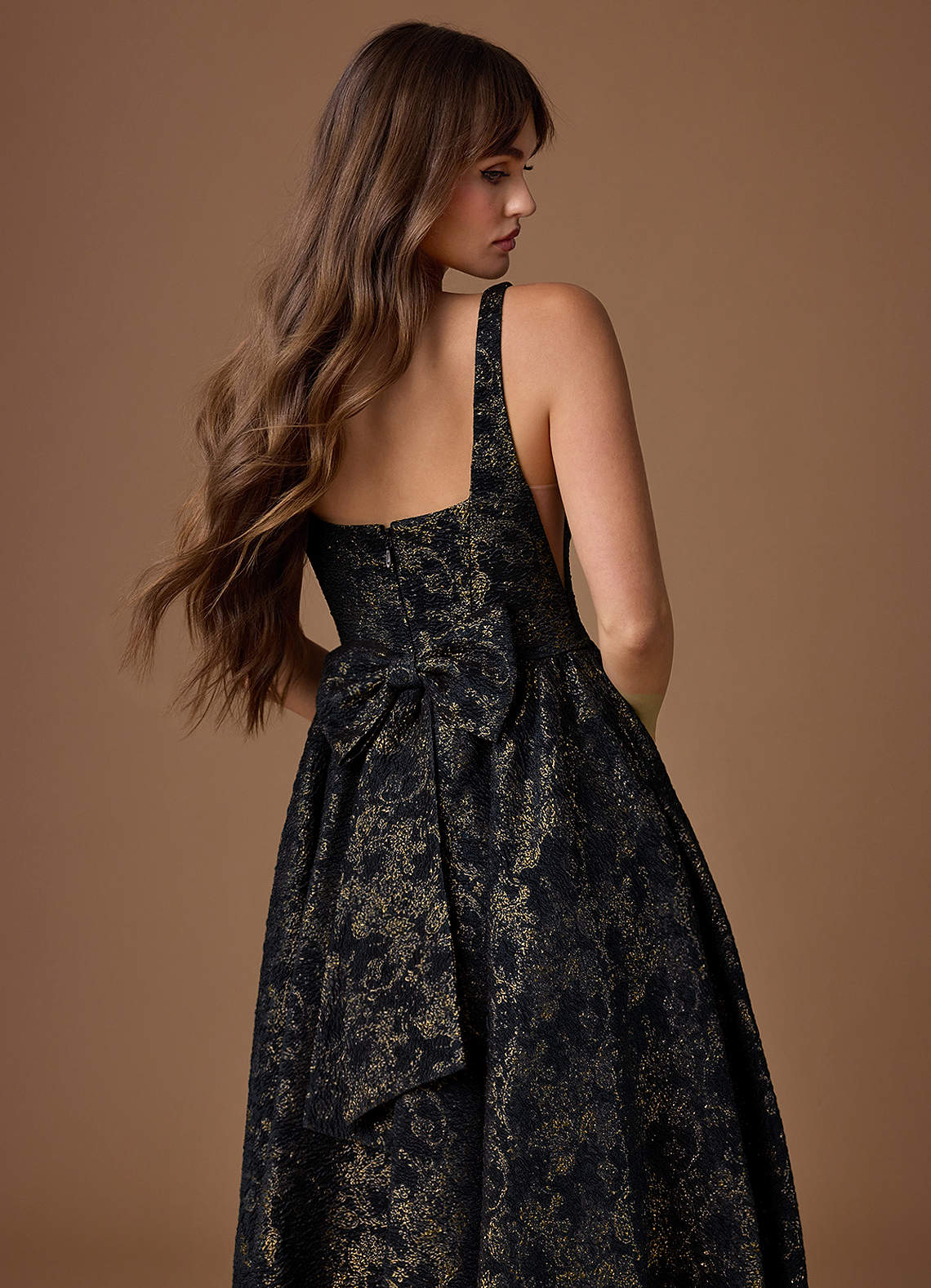 Bea A-Line Square-Neck Brocade Evening Dress in Gilded Midnight