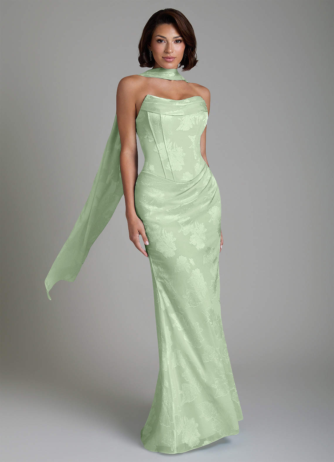 Ariah Mermaid Cowl-Neck Jacquard Bridesmaid Dress in Dusty Sage