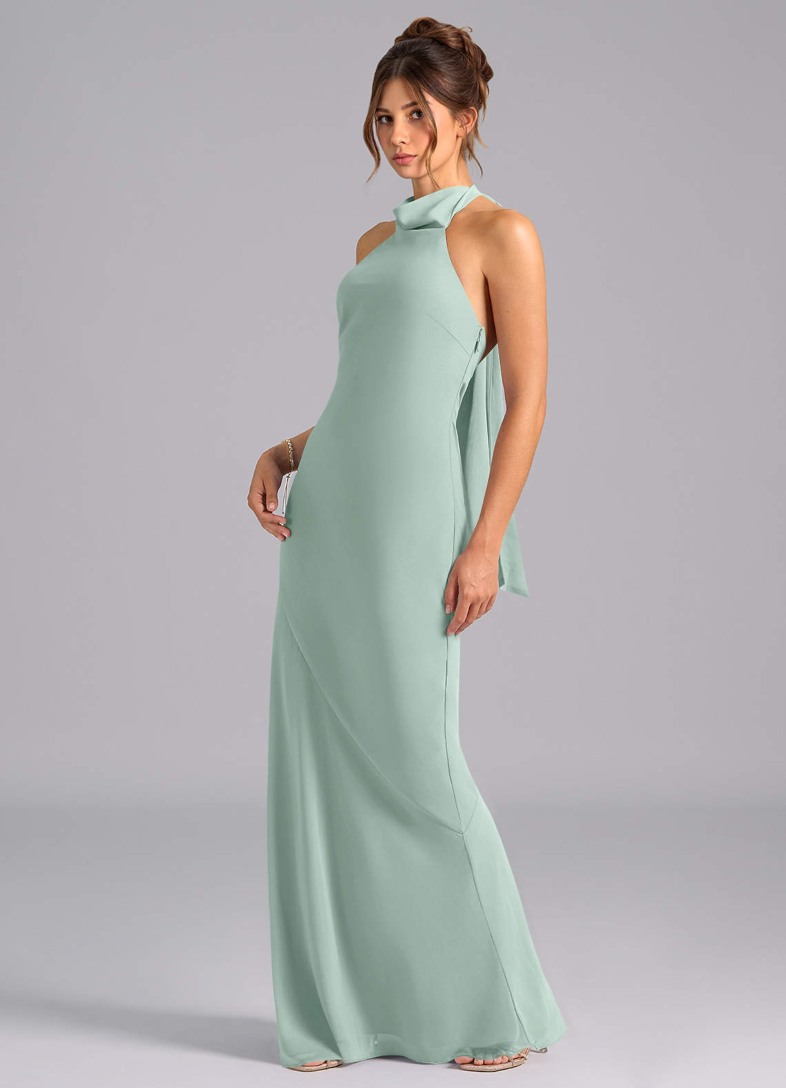 Velli Mermaid Halter Chiffon Bridesmaid Dress in Agave
