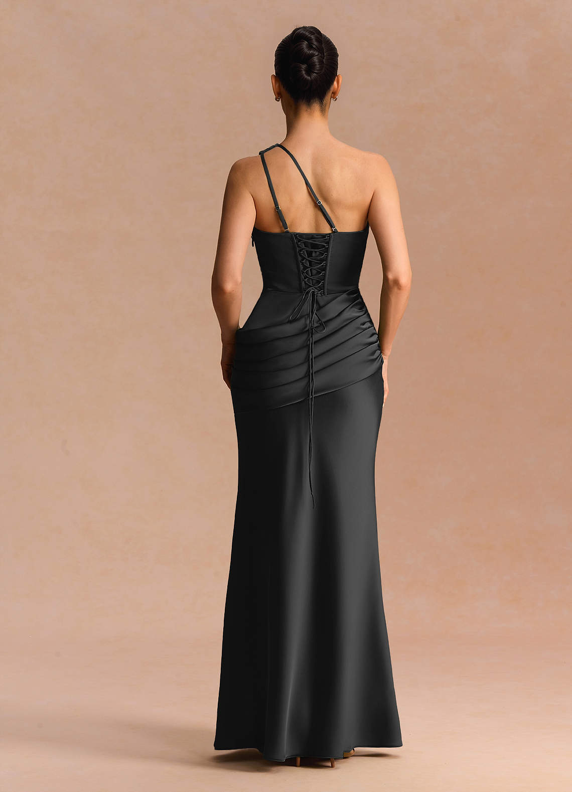 Guinevere One-Shoulder Cutout Stretch Satin Evening Dress in black