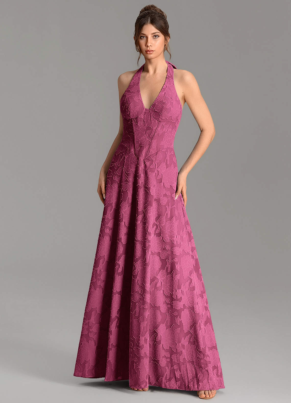 Nia A-Line V-Neck Floral Burnout Bridesmaid Dress in Mulberry